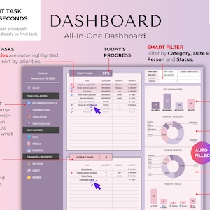 May include: A digital dashboard interface with a purple and white color scheme. The dashboard displays task management features, including task lists, progress tracking, and filtering options. Text includes "Dashboard" and "Task Tracker".