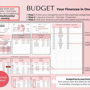 May include: A pink and white printable budget tracker spreadsheet with the title "BUDGET Your Finances in One Tab". The spreadsheet includes sections for income, savings, expenses, bills, and debt. It also includes a variable expenses tracker and a section for logging bills and debt.