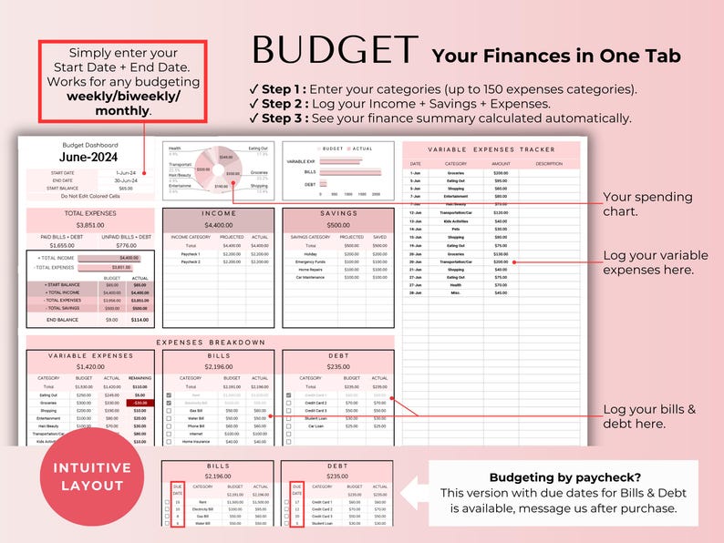May include: A pink and white printable budget tracker spreadsheet with the title "BUDGET Your Finances in One Tab". The spreadsheet includes sections for income, savings, expenses, bills, and debt. It also includes a variable expenses tracker and a section for logging bills and debt.