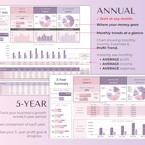 May include: A digital business financial summary with charts and graphs. The document includes sections for annual and 5-year summaries, profit margins, and income and expense breakdowns. Text includes "ANNUAL" and "5-YEAR".