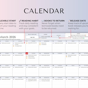 May include: A digital reading calendar for March 2026 featuring a grid layout with columns for weeks and days. It includes sections for flexible start dates, reading habit tracking, books to return, and release dates with specific book titles listed.