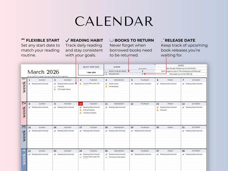 May include: A digital reading calendar for March 2026 featuring a grid layout with columns for weeks and days. It includes sections for flexible start dates, reading habit tracking, books to return, and release dates with specific book titles listed.
