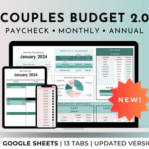 Family and Couples Budget Google Sheets Spreadsheet Planner Template, Weekly Biweekly Monthly Annual 50/30/20 Finance Tracker, Debt Snowball
