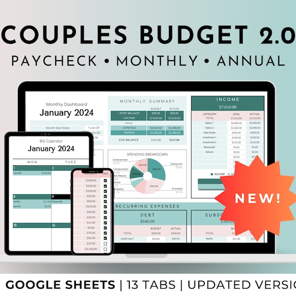 Modèle de planificateur de feuille de calcul Google Sheets pour le budget de la famille et des couples, suivi financier hebdomadaire toutes les deux semaines, mensuel, annuel 50/30/20, boule de neige pour les dettes