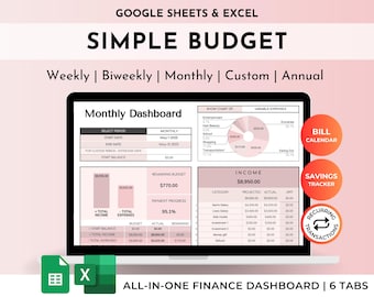 Easy Simple Budget Spreadsheet Planner for Beginners | Digital Finance Dashboard in Excel & Google Sheets | Fully Automated | Pink Template