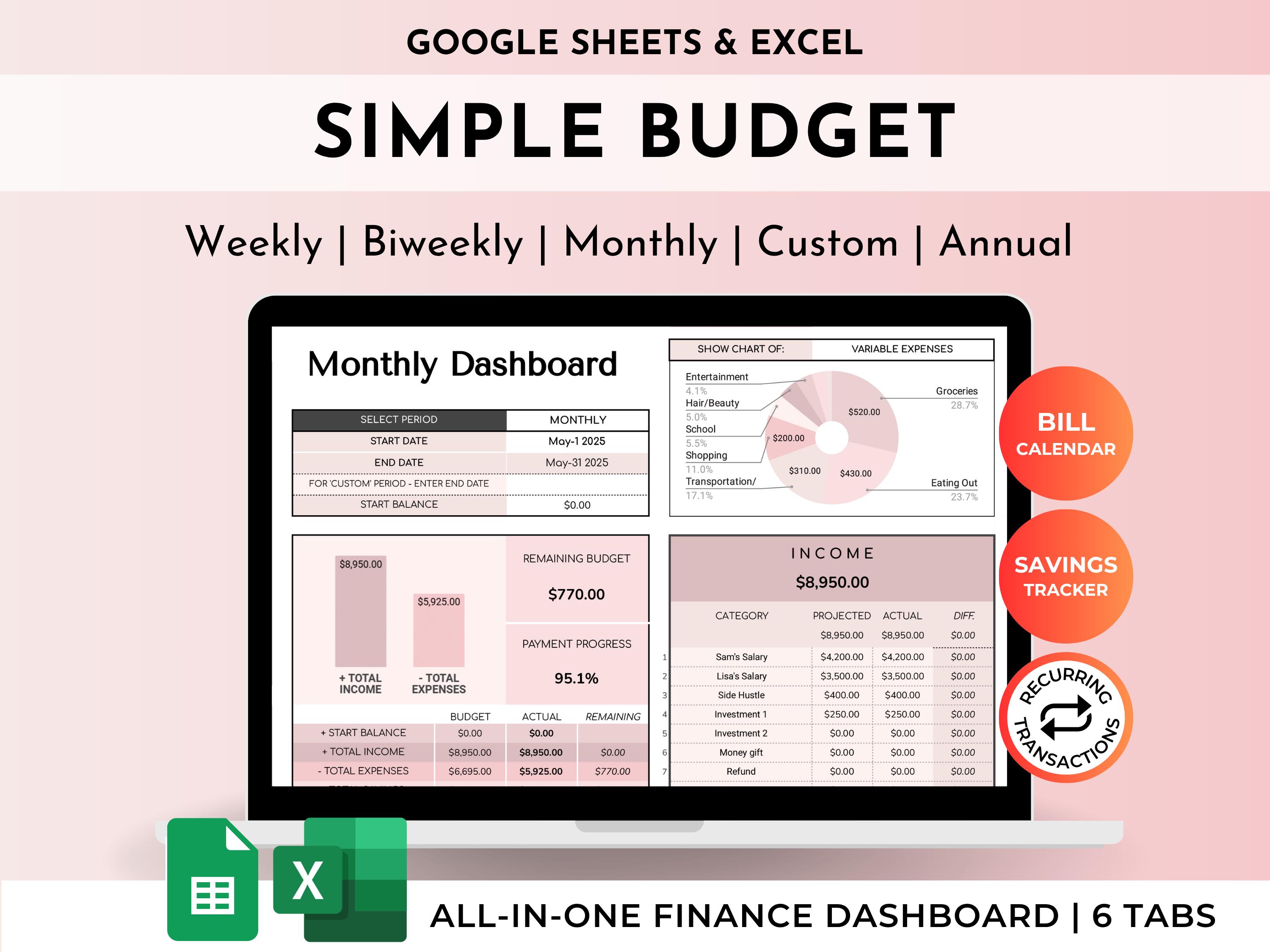 Simple Budget Planner Spreadsheet One Sheet Finance Dashboard (Monthly, Paycheck, Annual) | Expense/Bill Tracker | Excel & Google Sheets