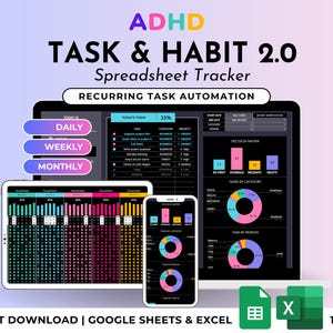 ADHD Habit Tracker To-Do List Spreadsheet Digital Life Planner Google Sheets Excel Task Manager Goal Tracker Hourly Schedule Dark Template