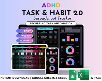Task & Habit Tracker Spreadsheet To Do List Google Sheets Excel Work Organizer Recurring Task Planner ADHD Productivity Daily Weekly Planner