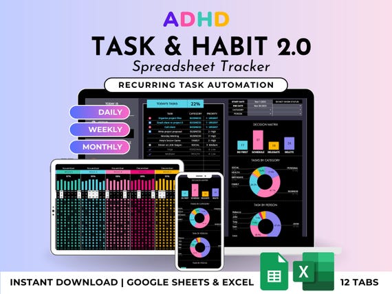 Task & Habit Tracker Spreadsheet To Do List Google Sheets Excel Work Organizer Recurring Task Planner ADHD Productivity Daily Weekly Planner