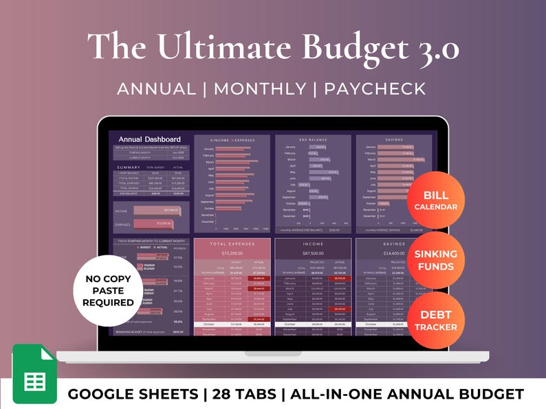 Ultimate Annual Budget Planner Google Sheets Financial Planner | Dark Mode Spreadsheet Template image 1