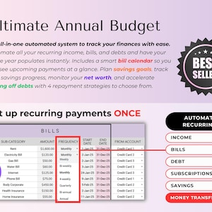 May include: A digital financial planning tool titled "Ultimate Annual Budget" with a purple and white color scheme. The image includes a "Best Seller" badge and a table for setting up recurring payments, with categories like income, bills, and debt.