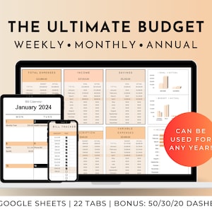 Annual Budget Google Sheets Spreadsheet Monthly Weekly Biweekly Tracker Bill Calendar Savings and Debt Tracker 50/30/20 Ultimate Budget