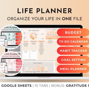 Google Spreadsheets-levensplanner en productiviteitsplanner met takentracker, takenlijstkalender, gewoontetracker, doelentracker, eenvoudige maaltijdplanner