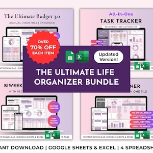 Life Organizer Budget Planner Task/To-Do List Spreadsheet Bundle Digital ADHD Productivity Planner Annual Habit Tracker Excel Google Sheets