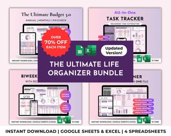 Life Organizer Budget Planner Task/To-Do List Spreadsheet Bundle Digital ADHD Productivity Planner Annual Habit Tracker Excel Google Sheets