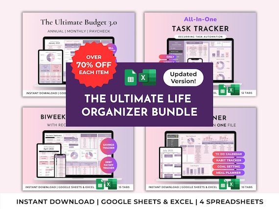 Life Organizer Budget Planner Task/To-Do List Spreadsheet Bundle Digital ADHD Productivity Planner Annual Habit Tracker Excel Google Sheets