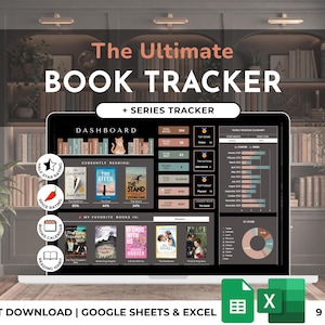 Book Tracker Digital Library Spreadsheet Reading Log List Book Review Reading Challenge Series Book Lover Excel Google Sheets Dark Template