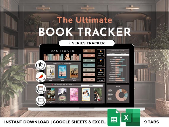Book Tracker Digital Library Spreadsheet Reading Log List Book Review Reading Challenge Series Book Lover Excel Google Sheets Dark Template