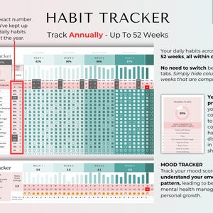 Pu&ograve; includere: Un tracker delle abitudini in verde acqua e bianco, progettato per monitorare le abitudini quotidiane e l'umore per 52 settimane. Il planner include un riepilogo dei progressi ed &egrave; intitolato "Habit Tracker" e "Life Planner".