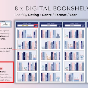 May include: A digital organizational tool featuring 8 bookshelves with filters for rating, genre, format, and year. The interface displays book spines in blue and pink tones, includes auto-calculation for total books, and provides status filtering.