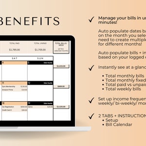 Puede incluir: Una captura de pantalla de una computadora que muestra una aplicaci&oacute;n de calendario con una lista de beneficios. Los beneficios incluyen administrar las facturas en menos de 5 minutos, rellenar autom&aacute;ticamente las fechas en funci&oacute;n del mes seleccionado, rellenar autom&aacute;ticamente las facturas y los ingresos en funci&oacute;n de los datos registrados, y ver de un vistazo las facturas mensuales, las facturas fijas, las facturas pagadas y no pagadas, y las facturas semanales. La aplicaci&oacute;n tambi&eacute;n permite a los usuarios configurar la frecuencia de los ingresos y tiene dos pesta&ntilde;as: Configuraci&oacute;n y Calendario de facturas.