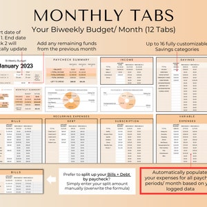 May include: A printable budget spreadsheet template with 12 tabs for tracking biweekly income and expenses. The template includes sections for bills, recurring expenses, debt, subscriptions, variable expenses, savings, and income. The template is designed to help users track their finances and manage their budget.
