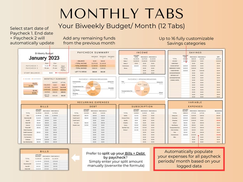 May include: A printable budget spreadsheet template with 12 tabs for tracking biweekly income and expenses. The template includes sections for bills, recurring expenses, debt, subscriptions, variable expenses, savings, and income. The template is designed to help users track their finances and manage their budget.