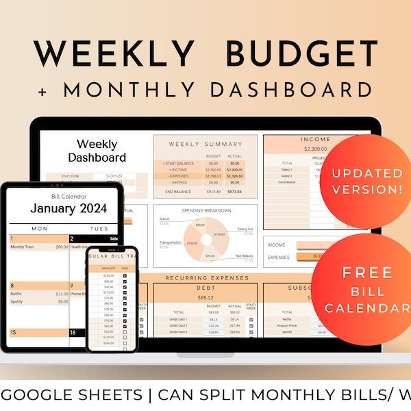 Weekly Budget Planner Spreadsheet Google Sheets Paycheck and Monthly Budget Template, 50 30 20 Finance Tracker, Smart Bill Calendar