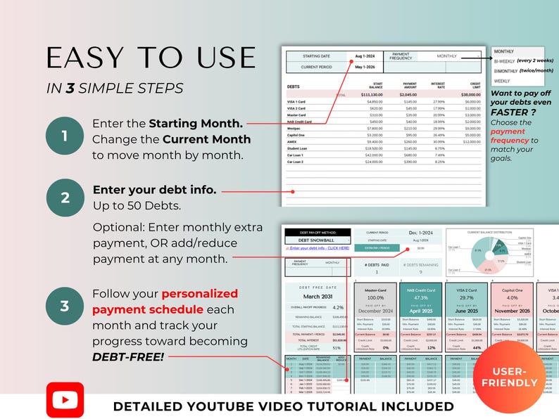 May include: A digital debt tracker spreadsheet template featuring three steps for use. The layout includes tables for debt information, payment schedules, and a pie chart for balance distribution. Text includes EASY TO USE IN 3 SIMPLE STEPS and USER-FRIENDLY.