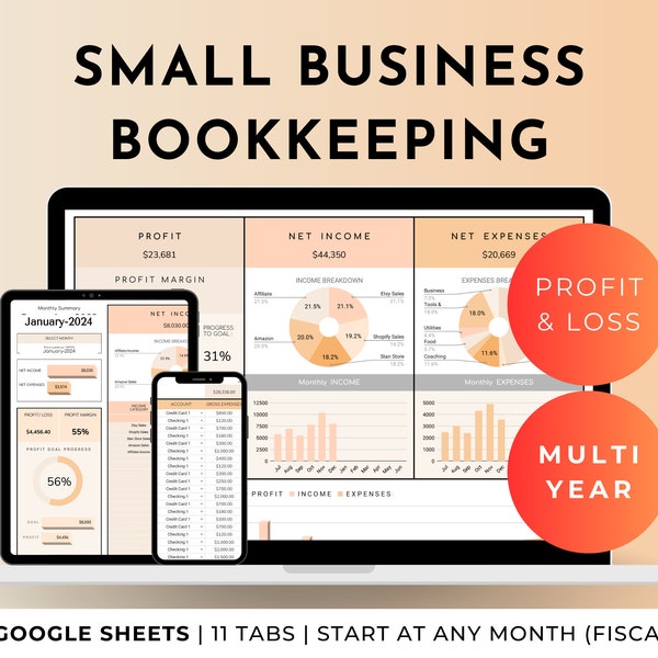 Small Business Bookkeeping Google Sheets Spreadsheet Template Easy Accounting Business Planner Profit Loss Income Expense Sales Tracker