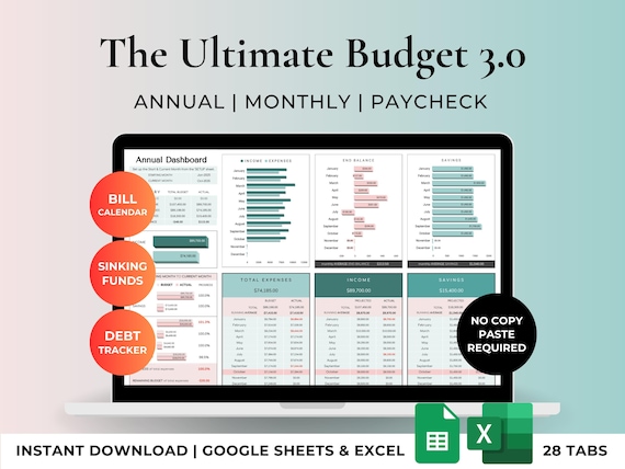 Annual, Monthly, Paycheck Budget Tracker Excel Google Sheets Finance Planner Spreadsheet, Bill Calendar, Savings Tracker, Net Worth Tracker