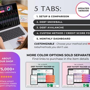 May include: A laptop displaying a financial dashboard with charts and data. The screen shows 5 tabs: Setup & Comparison, Debt Snowball, Debt Avalanche, Custom Method / Credit Score Focus, and Monthly Dashboard. Text reads "The Ultimate Debt Payoff Tracker 2.0".