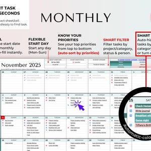 May include: A digital monthly planner for November 2025, featuring a calendar layout with daily task lists. The planner includes features like auto-fill, flexible start day, smart filter, and smart highlight. Text on the planner includes "EDIT TASK IN SECONDS" and "MONTHLY".