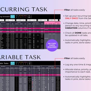 May include: A digital task management spreadsheet interface featuring a Recurring Schedule and Variable Task section. The layout includes dark tables with pink and white text, status columns, priority indicators, and instructional text explaining automated highlighting for overdue and completed tasks.