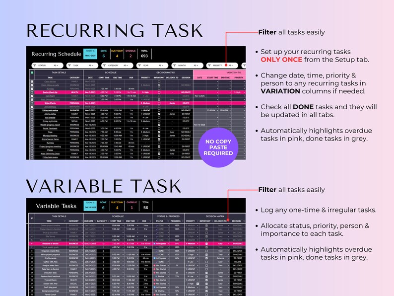May include: A digital task management spreadsheet interface featuring a Recurring Schedule and Variable Task section. The layout includes dark tables with pink and white text, status columns, priority indicators, and instructional text explaining automated highlighting for overdue and completed tasks.