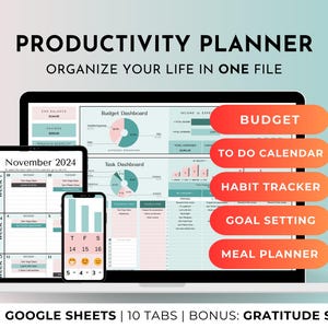 May include: A productivity planner template for Google Sheets, shown on a laptop, tablet, and phone. The template includes tabs for budgeting, a to-do calendar, habit tracking, goal setting, and meal planning. The template also includes a bonus gratitude sheet.