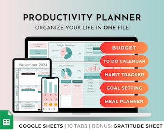 Productivity Planner Google Sheets: Budget, Goals, Habit Tracker (Digital Download)