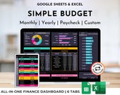 Simple Budget Spreadsheet Template for Beginners: Google Sheets Excel Template, Financial Planner Dark Mode