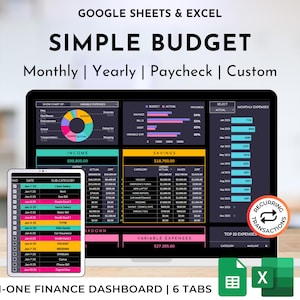 Könnte beinhalten: Digitales Finanz-Dashboard, das auf einem Laptop und Tablet angezeigt wird. Der Bildschirm zeigt Budgetkategorien, Einnahmen, Ersparnisse und Ausgaben. Der Text enthält "SIMPLE BUDGET" und "ALL-IN-ONE FINANCE DASHBOARD". Das Bild enthält auch Excel- und Google Sheets-Symbole.