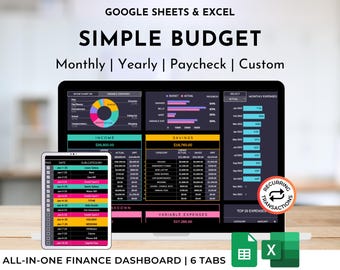 Beginner Monthly Yearly Budget Spreadsheet | Google Sheets Excel Budget Template | Simple Digital Budget/Financial Planner | Dark Mode