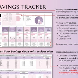 May include: A digital savings tracker with a clean, organized layout. The spreadsheet displays categories, progress percentages, and financial goals. Text includes "SAVINGS TRACKER" and "Reach Your Savings Goals with a clear plan."