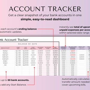 May include: A digital spreadsheet titled "ACCOUNT TRACKER" with a pink and white color scheme. The spreadsheet displays bank account balances, incoming and outgoing totals, and upcoming expenses. Text on the image states it tracks up to 50 bank accounts.