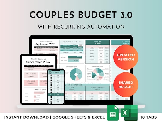 Couples & Family Budget Spreadsheet Template (Excel/Google Sheets) | Shared Expenses, Bills Split, Partners Dashboards, Debt Tracker