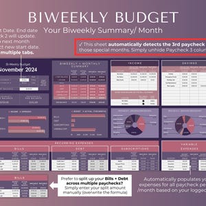 May include: A biweekly budget spreadsheet template with a purple and pink color scheme. The spreadsheet is designed to help users track their income, expenses, and savings. The template includes sections for bills, recurring expenses, debt, subscriptions, and variable expenses. The spreadsheet also includes a section for tracking the budget and actual spending for each month.