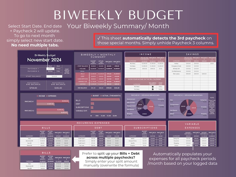 May include: A biweekly budget spreadsheet template with a purple and pink color scheme. The spreadsheet is designed to help users track their income, expenses, and savings. The template includes sections for bills, recurring expenses, debt, subscriptions, and variable expenses. The spreadsheet also includes a section for tracking the budget and actual spending for each month.