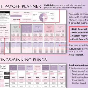 May include: A debt payoff planner with a purple and white design. The planner includes sections for debt tracking, savings, and various financial methods. Text includes "Debt Avalanche" and "Savings/Sinking Funds".