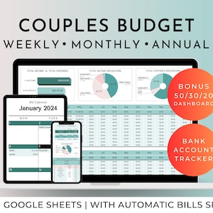 Budgetplanner voor gezinnen en stellen voor Google Spreadsheets: gedeelde kosten, gesplitste rekeningen, rekeningkalender, dashboard 50/30/20, tracker voor dalende fondsen