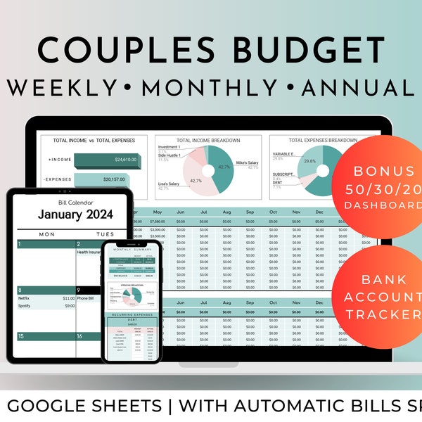 Modèle de feuilles de calcul Google Sheets pour famille et couple, hebdomadaire bimensuel mensuel annuel 50/30/20 suivi des finances, boule de neige de la dette