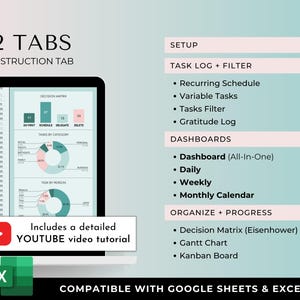 May include: A laptop screen displays a digital planner with 12 tabs, including an instruction tab. The planner features task logs, filters, dashboards, and progress tracking tools. Includes a detailed YouTube video tutorial. Compatible with Google Sheets & Excel.