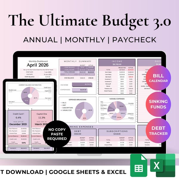Planificador de presupuesto anual y mensual Plantilla de finanzas familiares Registro de ingresos, gastos y facturas Registro de deudas Patrimonio neto Excel Google Sheets